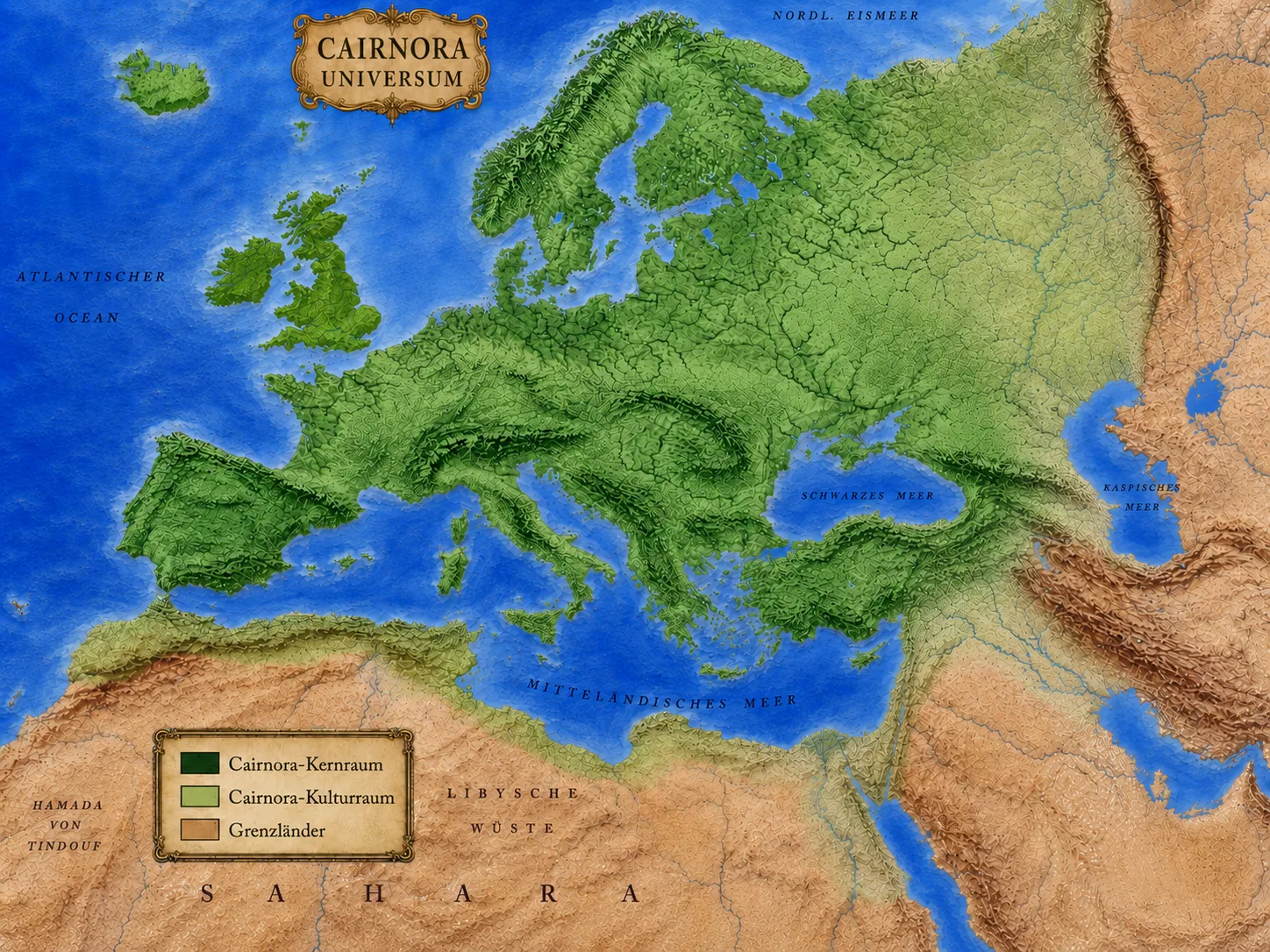 Geografische Karte des CAIRNORA Universums mit Kernraum, Kulturraum und Grenzländern