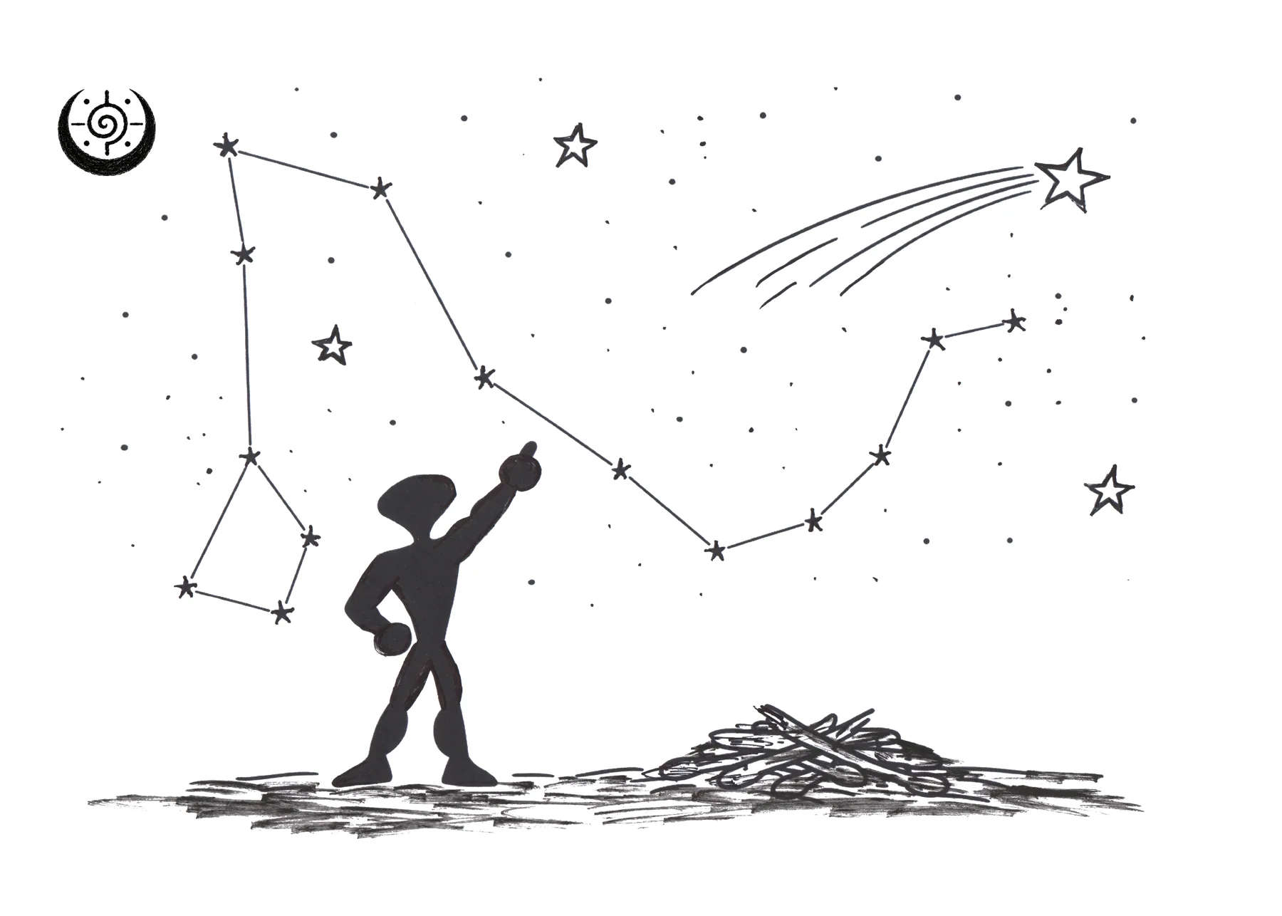 Schwarze Figur unter einer illustrierten Sternenlandschaft